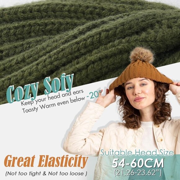 Women\'s Green Winter Beanie Hat Satin Lined Faux Fur Pom Pom Beanies Hat main image 5